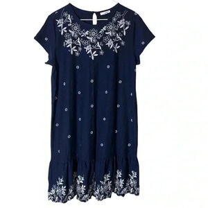 JJill Indigo  Shorts Sleeves Embroidered Knee Length Flowing Dress Size Medium